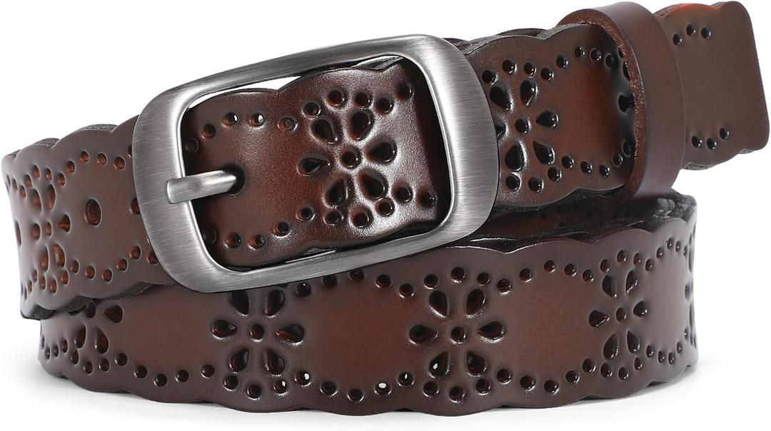 JASGOOD Women Hollow Flower Leather Belt for Jeans Pants Soft Leather Belt with Solid Pin Buckle (Fit Waist Size 29-32 Inches)