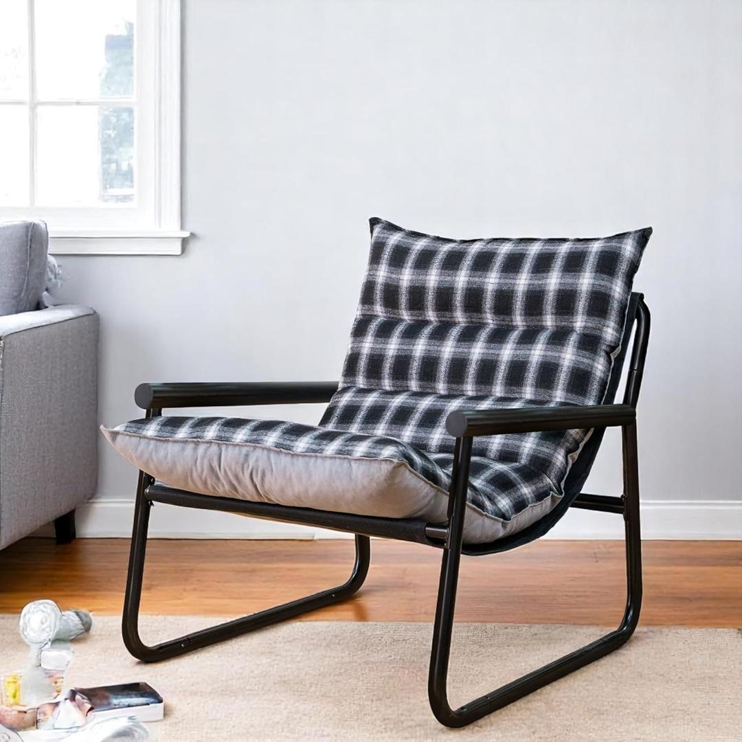 Plush Modern Accent Chair Single Comfy Chair for Bedroom  Ergonomic Lounge Chair with Stylish Upholstery, Space-Saving Design & Easy Assembly Plaid & Grey