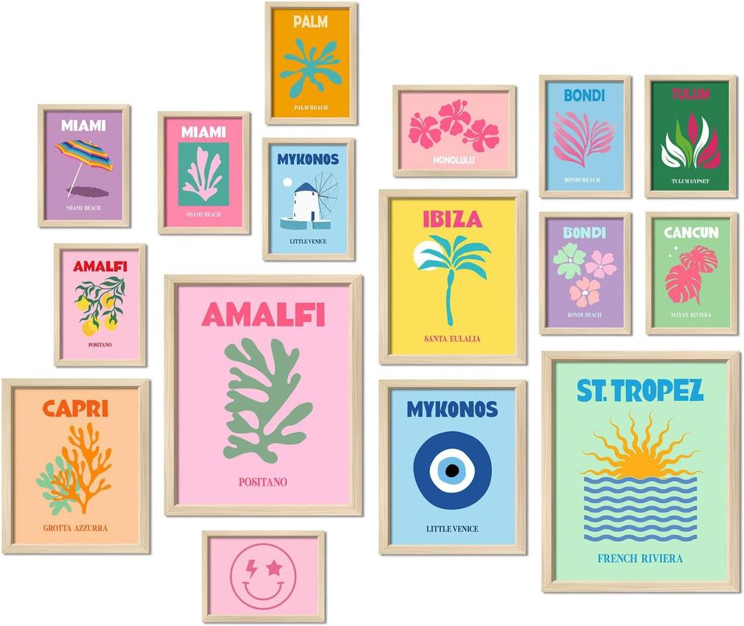 16 PCS Preppy Room Decor, Wall Art Prints for Bedroom, Travel Posters for Room Aesthetic, Wall Collage Kit Pictures for Living Room, Cute Dorm Gallery Home Decor, Preppy Stuff for Teen Girls (11"x14" Unframed, Light pink)