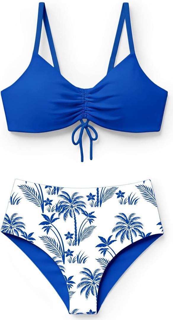Teen Girls Swimsuits Two Piece Bikini Sets Bathing Suit with Reversible Top & Bottom (Blue, 13-14 Years)
