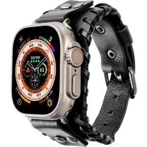 Compatible with Apple Watch Band 49mm 46mm 45mm 44mm 42mm 41mm 40mm 38mm iWatch Ultra Series 10/9/8/7/SE/6/5/4/3/2/1 for Men Women, Leather Handmade Cuff Bracelet Woven Vintage Strap (Black)