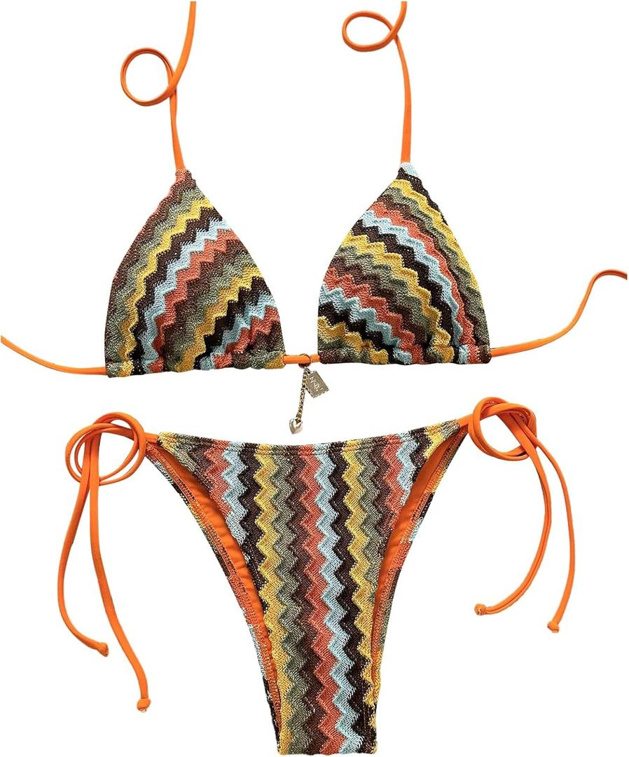 Women's Colorful Striped Halter String Bikini Set 2 Piece Tie Side Triangle Swimsuits Textured Swimwear (L)