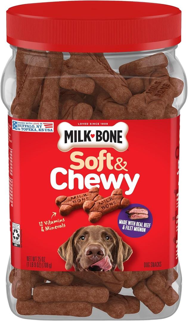 Milk-Bone Soft & Chewy Dog Treats, Made with Real Beef & Filet Mignon, 25 Ounce Canister (EXP 04/02/27)