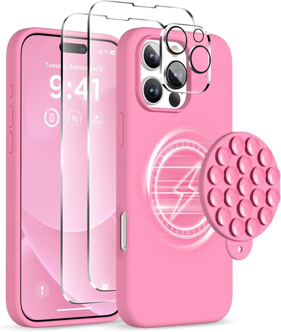 Magnetic for iPhone 16 Pro Case, Compatible with Magsafe, Suction Cup Phone Mount, 2 Screen Protectors - Camera Protector, Silicone Shockproof Protective Phone Cover 6.3", Tender Pink