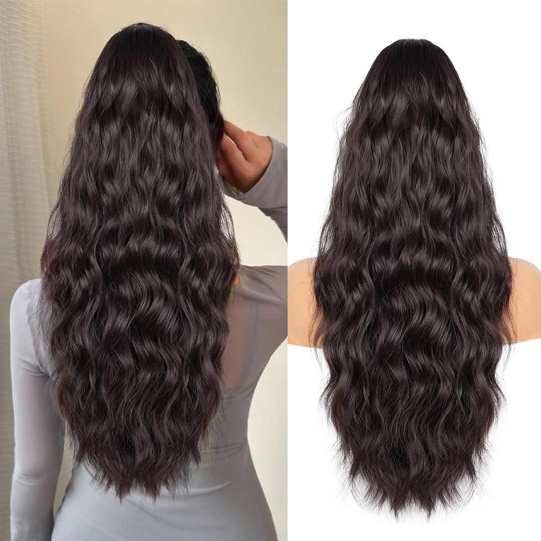 Drawstring Ponytail for Women, 26 inch Long Ponytail Extension, Soft Synthetic Pony Tails Hair Extensions, Clip in Ponytail Hair Extension for Daily Use (Dark Brown With a Slight Auburn Luster)