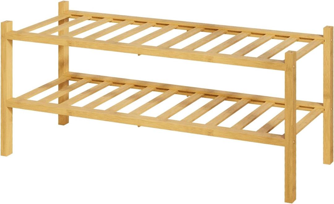 Kitsure Bamboo Wooden Shoe Rack for Closet - Stackable Shoe Organizer with Modular Structure, Space-Saving Shoe Shelf for Entryway, Living Room, Bedroom, 26.8" Wide - 2 Tiers, Natural (Nature)