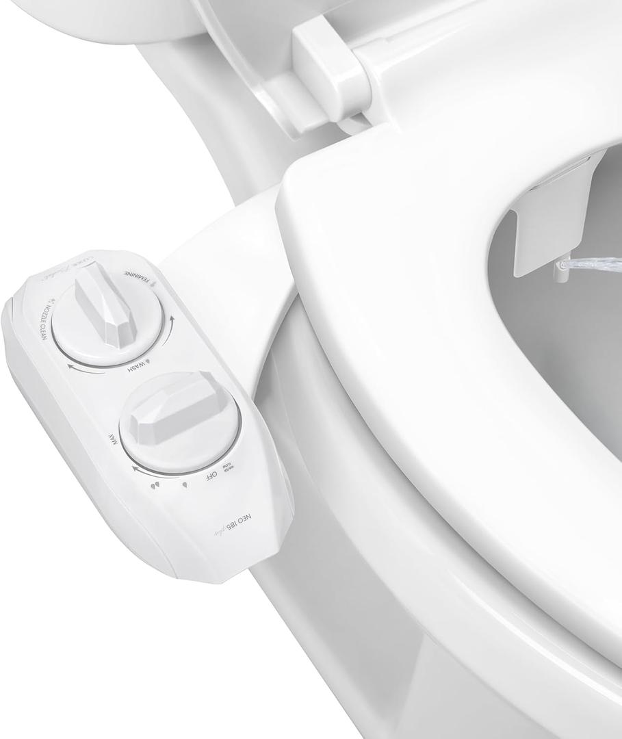 LUXE Bidet NEO 185 Plus - Dual Nozzle, Non-Electric Bidet Attachment for Toilet Seat, Patented Slide-In Install, 360 Self-Clean, EZ-Lift to Clean, Feminine & Rear Wash (White)
