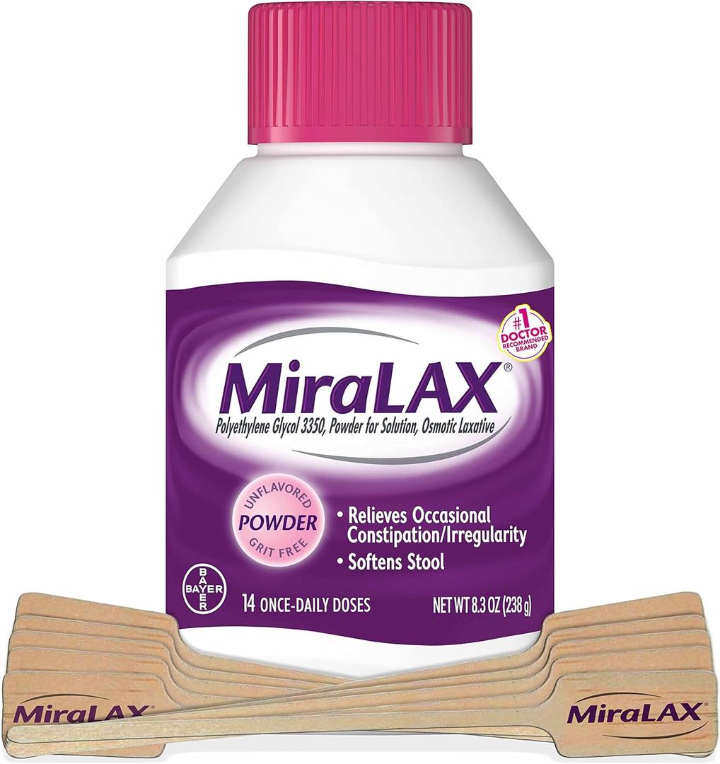 MiraLAX Laxative Powder, Gentle Constipation Relief for Adults, Stool Softener with PEG 3350, Nonstimulant Laxative, No Harsh Side Effects, Includes Stirrer, 14 Dose, EXP 2025/06