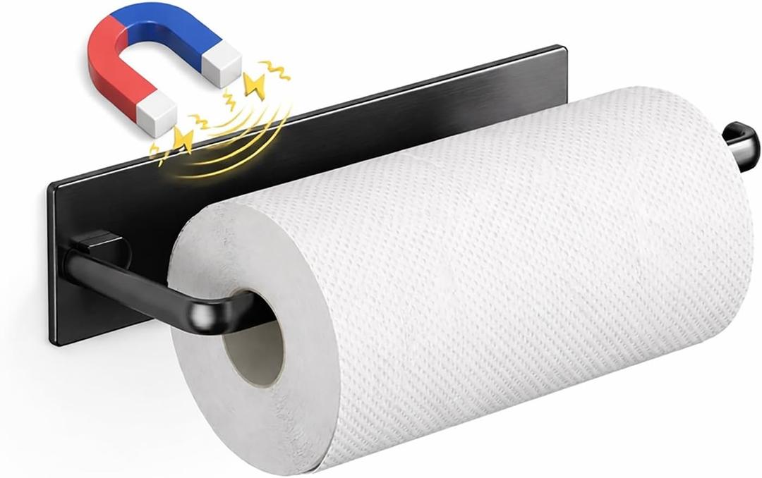 Magnetic Paper Towel Holder for Refrigerator, Magnetic Towel Bar Wall Mount, Strong Magnet Kitchen Roll Holder, Black Magnetic Towel Rack for Fridge, Metal Surface Paper Towel Holder Easy Assembly ABS