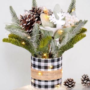 Small Table Top Christmas Tree with Lights, Mini Christmas Tree Decorations with Reindeer Pine Cones Berries Lamb Leaves Ornaments for Home Party Office Indoor Decorations 12Inch, Black & White Plaid