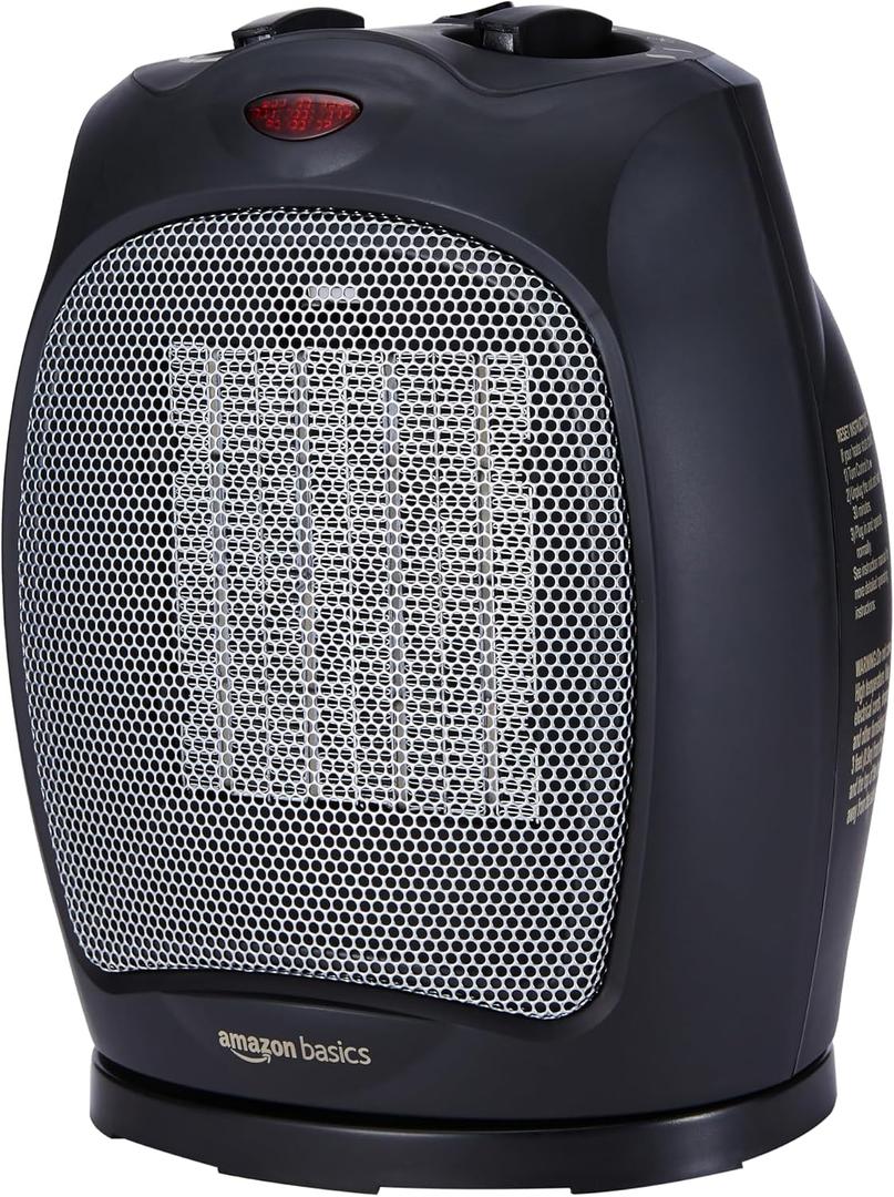 Amazon Basics Oscillating Ceramic Space Heater, Portable Fast Heating Indoor Solution, With Overheat and Tip-Over Protection, Thermostat, 1500W, 7.52"D x 6.34"W x 9.45"H, Black