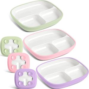 Domensi 3 Sets Kids Porcelain Plates with Silicone Sleeves 8.2 Inch Divided Porcelain Plate Toddler White Suction Dishes for Baby Troubleless Eating Microwave Dishwasher Safe (Classic)