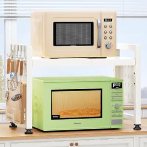 Expandable Microwave Stand, 2-Tier Adjustable Microwave Oven Rack with 10 Hooks & 2 Holders, Heavy Duty Carbon Steel Microwave Shelf for Kitchen Counter Organizer and Storage, Holds 120lbs, White