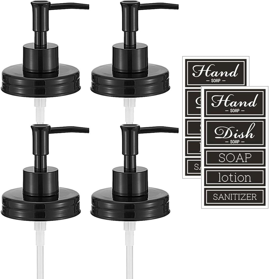 Regular Mouth Plastic Mason Jar Soap Dispenser Pumps and Lids- Rust-Proof Mason Jar Accessories Rustic Farmhouse Kitchen Counter Top Bathroom Decor and Organization - 4 Pack