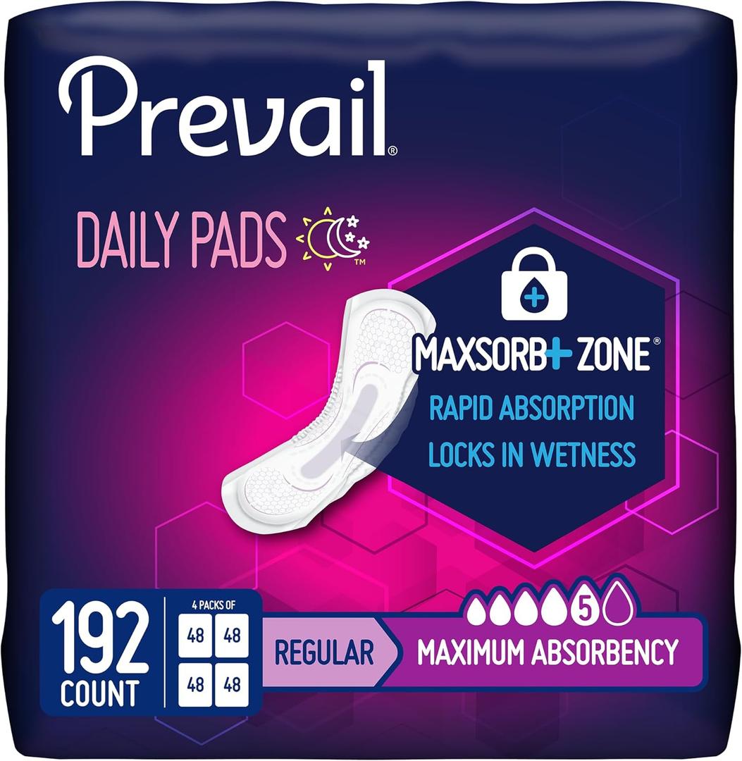 Prevail Incontinence Bladder Control Pads for Women, Maximum Absorbency, Regular Length, 192 Count (48 Count (Pack of 4)