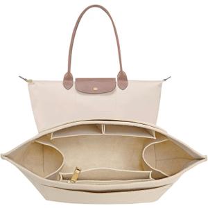 Purse Organizer Insert for Longchamp Le Pliage L Handbag Insert Felt Long Champ Tote Bag Organizer Insert with Cup (Beige, Large)