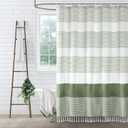 Sage Green Shower Curtain Cotton Boho Striped Shower Curtains for Bathroom with Tassel 72 X 72