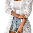 GORGLITTER Women's Crochet Cardigan Sweater Lightweight Open Front Long Sleeve Hollow Out Kimono Summer Cardigan (Large, White)