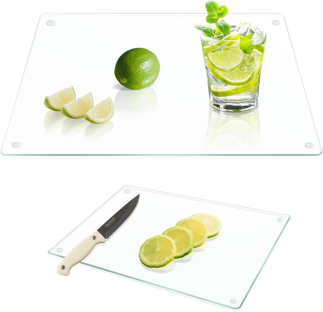 Tempered Glass Cutting Board Set of 2 (16"x12" & 12"x8"), Clear Chopping Boards for Kitchen, Heat Resistant Trivet & Countertop Saver, Non-Slip, Shatter-Resistant, Dishwasher Safe