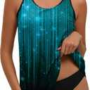 Plus Size Swim Top for Curvy Women Double Strap Flowy Cute Tankini Swimsuit Tops Hides Tummy Blue Green Rays 22W