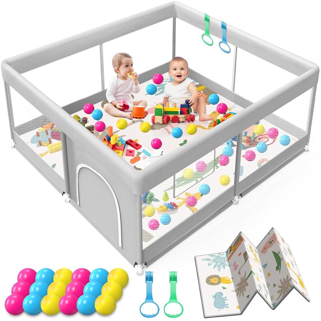 Baby Playpen with Mat, 50x50 Inch Playpen with Mat Waterproof for Babies and Toddlers Play Pen Playards Safety Gate Fence Active Center Indoor (Dark Grey + Mat)
