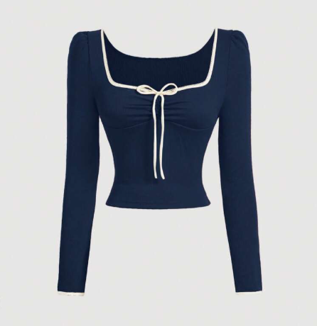 SHEIN MOD Tomato Girl Fall Bow Puff Sleeve Women's Fitted Long-Sleeve T-Shirt with Contrast Trim, Dark Blue Top 16Y