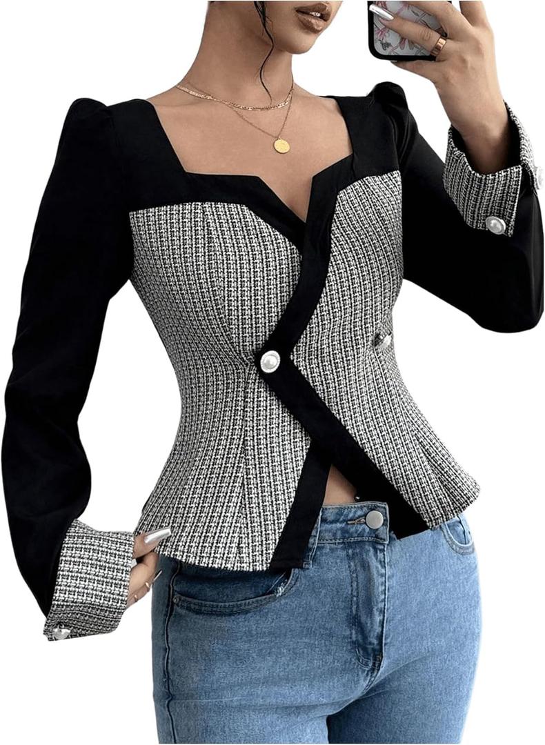 GORGLITTER Women's Color Block Double Breasted Blazer Puff Sleeve Wrap Notch Neck Cardigan (Black)