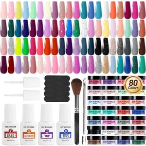 Openlive 84 PCS Dipping Powder Nail Professional Kit with Base Coat Top Coat Activator, 80 Multi-Color Kit Dipping Powder Includes Nail Tools