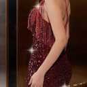 Women's Sparkling Sequin Fringe Mini Dress Party Clubwear Sleeveless Spaghetti Strap Bodycon Dress (L)