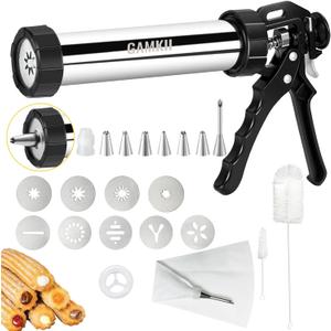 Churro Maker Machine Stailness Steel Churrro Gun Kit with 4 Discs for Hollow Churro,5 Cookies Discs, 6 Icing Piping Nozzle, Piping Bag, 2 Clean Brushes for Cake Dessert DIY Maker Cookie Press