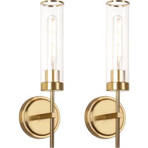 Wall Sconces Set of Two,Modern Bathroom Sconces Wall Lighting 16" 60W Brushed Gold Sconces Wall with Clear Glass Shade for Living Room Corridor Mirror Bedroom Stairs (Hard Wired, Gold-Hard Wired)