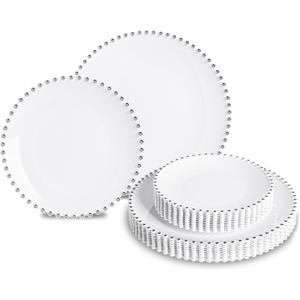 HOMIP 50PCS Fancy Disposable Dinnerware Party Set, Elegant Plates Include 25Pcs Dinner Plate 10", 25Pcs Dessert Plate 7" with Silver Bead Rimed,Plastic Silverware for Wedding Birthday Party (White with Sliver)