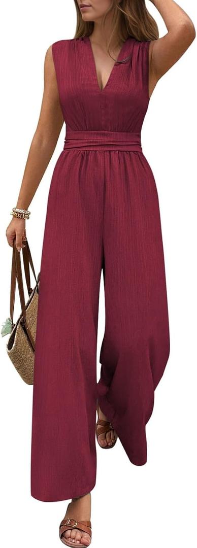 Pink Queen Jumpsuits for Women Dressy Sleeveless V Neck Wide Leg Pants Romper Casual Vacation Outfits (Red, L)