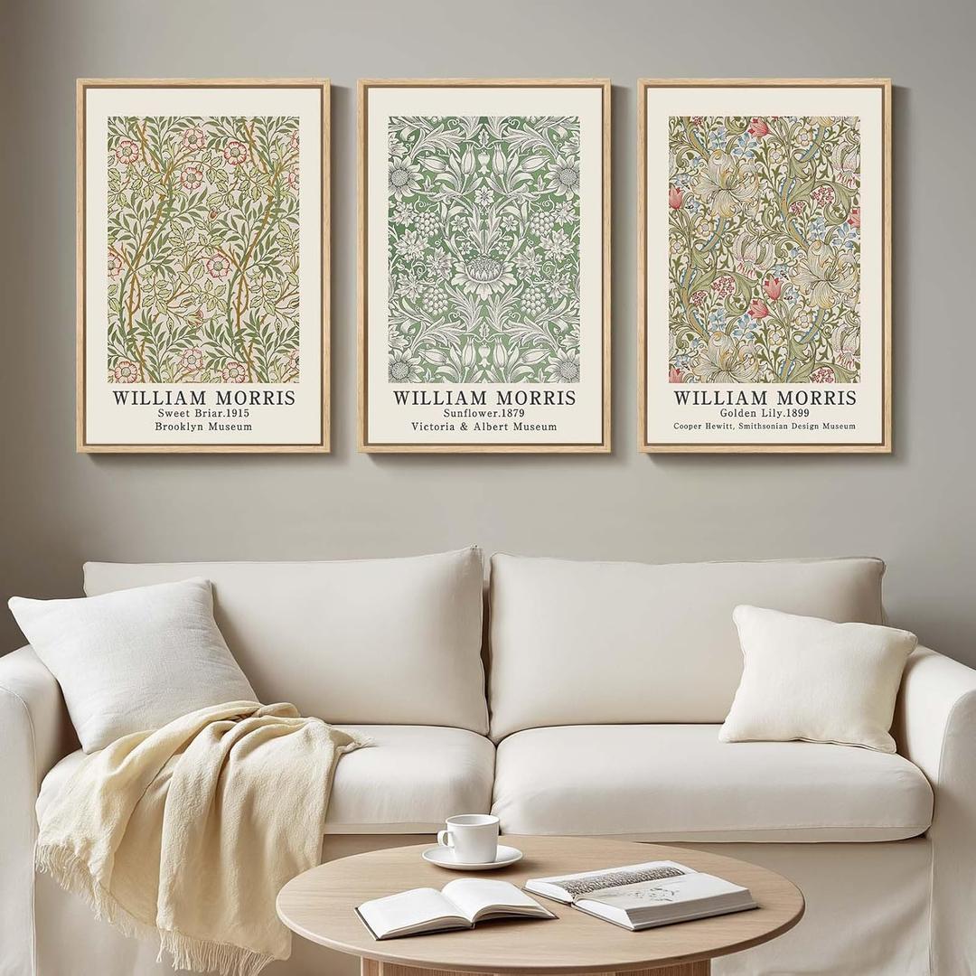 Framed William Morris Canvas Wall Art for Living Room, 3 Piece Large Vintage Sage Green Artwork for Walls Nature Floral Botanical Picture Prints for Bedroom, Hallway, Home Office Wall Decor, 16x24