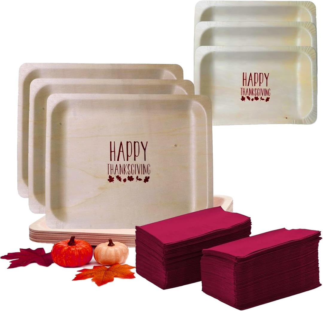 Perfect Stix Thanksgiving Plates and Napkins Set, 25 Large 10-Inch and 25 Small 7-Inch Wooden Plates with 50 Burgundy 2-Ply Dinner Napkins