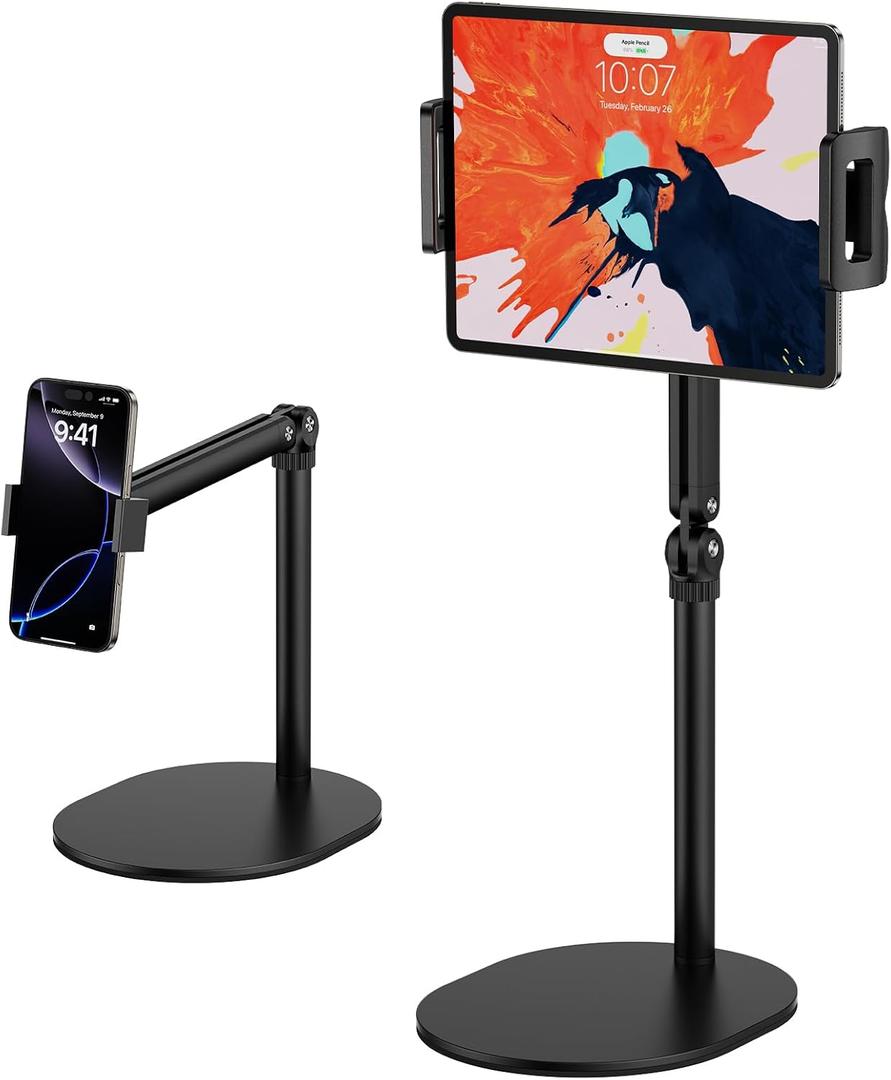 Tablet Stand for iPad, Adjustable Arm Mount Holder Desk with 360 Rotation, Portable Monitor Stand Compatible with iPad mini Air Pro, Kindle, Switch, Galaxy Tab, Phones (Black)