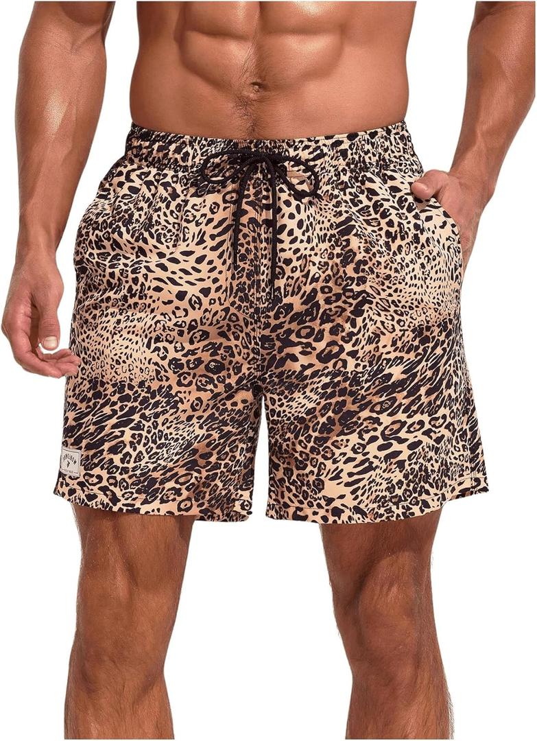 Verdusa Men's Leopard Print Drawstring Waist Swim Trunks Beach Shorts (Large, Brown Cheetah)