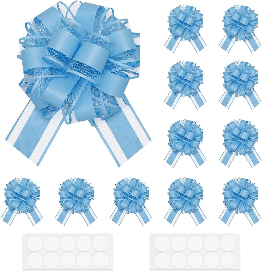 EUSOAR Blue Bows for Gift Wrapping, 12pcs 6" Organza Present Decorations Large Ribbon Pull Bows, Baskets Flower Gift Box Wrap Bows for Wedding Christmas Birthday Valentine's Day Anniversary Party