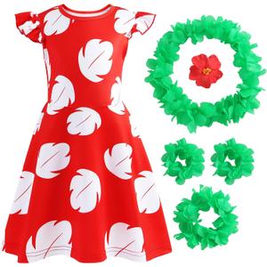 Hawaiian Little Girls Costume Dress with Luau Flower Leis Accessories Flower Hair Clip Toddler Halloween Party Cosplay Outfit (7-8 Years, Red)