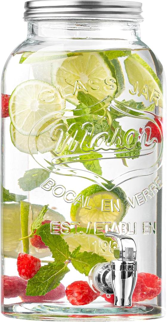 Royalty Art Mason Jar Drink Dispenser with Spigot (1 Gallon) Tea, Juice, and Beverage Server, Thick Glass, Screw On Lid, Leak Resistant Easy-Pull Spigots and Screw-On Lids Clear, Heavy-Duty Glass