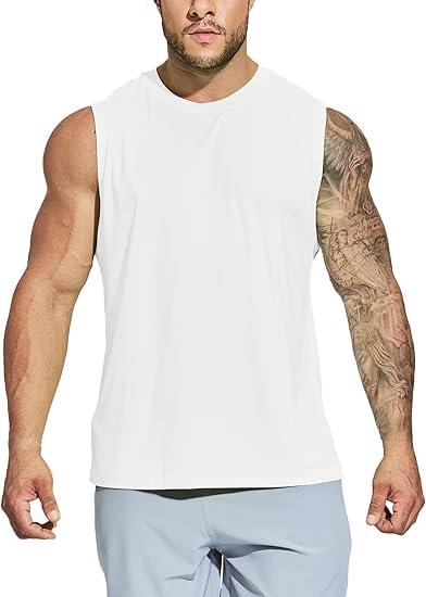 MIER Men's Workout Tank Tops UPF 50+ Swim Shirts Quick Dry Running Sleeveless UV Protection Muscle Tees, L, White