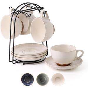 SIDUCAL Ceramic 8oz Cappuccino Cup Set of 4 Porcelain Coffee Cups with Saucers and Holder,Microwave/Dishwasher Safe,Espresso Demitasse Cups(White)