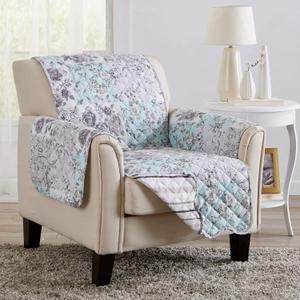 Great Bay Home Reversible Floral Patchwork Chair Furniture Protector - Machine Washable, Scalloped Edge, Stain Resistant, Printed Furniture Cover for Dogs, Kids, and Pets (Gray/Aqua)