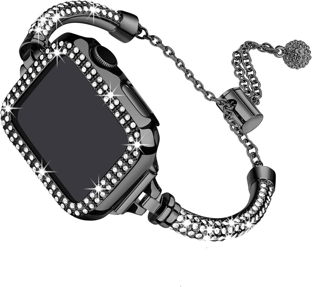 Secbolt Bling Band and Case Compatible with Apple Watch Band 38mm 40mm 41mm 42mm 44mm 45mm, Women Dressy Metal Bracelet with Rhinestone Bumper for iWatch Series 9/8/7/SE/6/5/4/3/2/1 (Black)