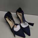 Coutgo Womens Kitten Low Heels Closed Pointed Toe Ankle Buckle Strap Pumps Suede Dress Wedding Shoes (7.5, Navy Blue)