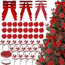 78 Pcs Red Rose Valentine's Day Tree Decoration Set Include Faux Rose Velvet Bows Berries Picks Pearl Garland Velvet Christmas Bows Ornaments for Holiday Xmas Tree Home Decoration