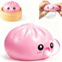 Dumpling Squishy Toy with Bubble Blowing Feature, Squishy Dumpling Stress Relief Toy, Cute Bao Bun Squeeze Toy with Steamer Box, Soft Sensory Fidget Desk Toy Gift (Pink)