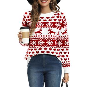 LYHNMW Women's Ugly Christmas Sweaters Snowflake Heart Reindeer Long Sleeve Holiday Knit Xmas Sweater Pullover Tops XL