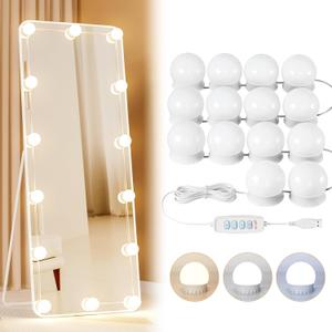 Yarnock 14 Bulbs LED Vanity Lights for Mirror, 3000K 4000K 6500K & 10-Brightness, Wire Length Adjustable, USB Cable, Hollywood Mirror Lights for Makeup Dressing Room Bathroom, White