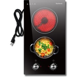 2 Burner Electric Cooktop, 110v Electric Stove with Plug, 12 Inch Countertop & Built-In Portable Electric Stove, 9 Levels of Power, 2000W, Knob Controls, Residual Heat Warnings, Karienvir